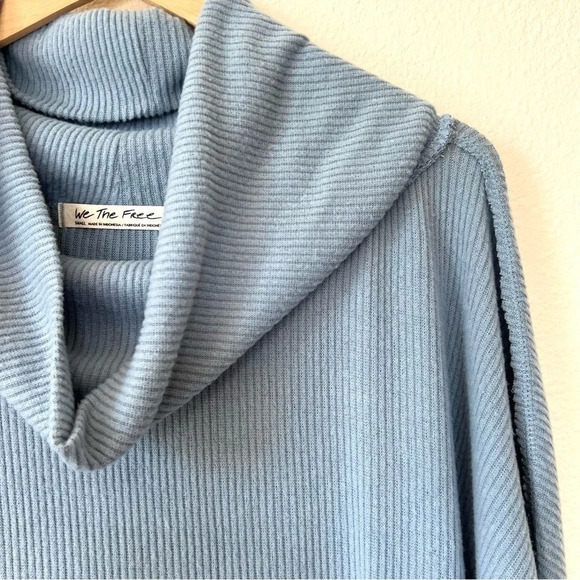 Free People Ribbed Cowl Neck Pale Blue Long Sleeve Lounge Cozy Top Small - Picture 5 of 9